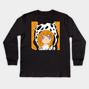 Anime girl hottie with Cow print hoodie Kids Long Sleeve T-Shirt